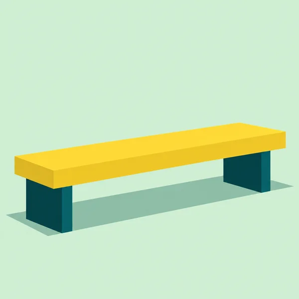 A long sunflower-yellow bench with two deep-teal slab legs sits against a pale mint background, casting a broad teal shadow.