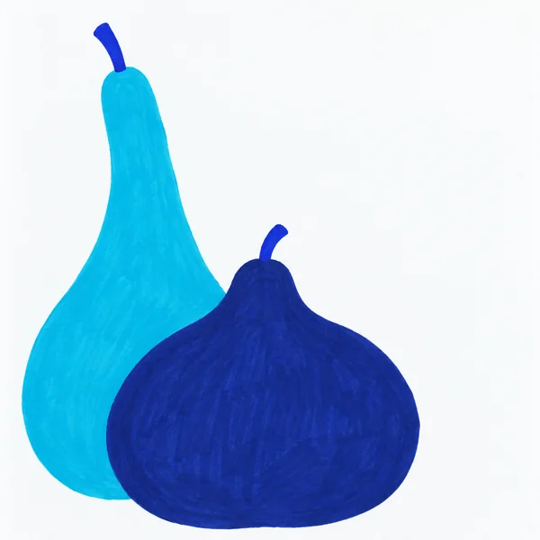 Two overlapping marker-drawn pears on pale white paper: a tall cyan pear behind a broad deep-indigo pear, each with a cobalt-blue stem.