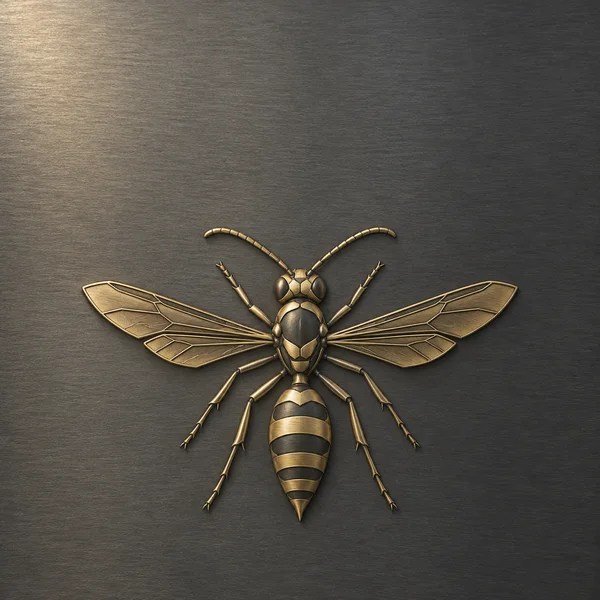 A stylized brass wasp relief, viewed from above, sits on a brushed dark graphite surface.