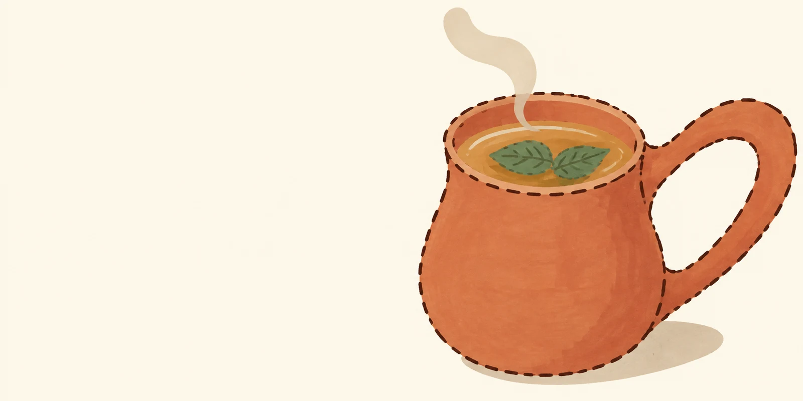 A hand-drawn terracotta cup with a large loop handle sits on the right against a cream background.