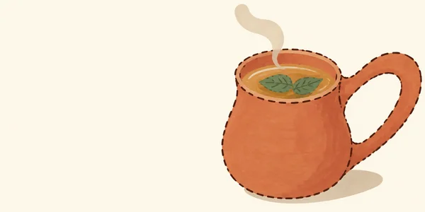 A hand-drawn terracotta cup with a large loop handle sits on the right against a cream background.