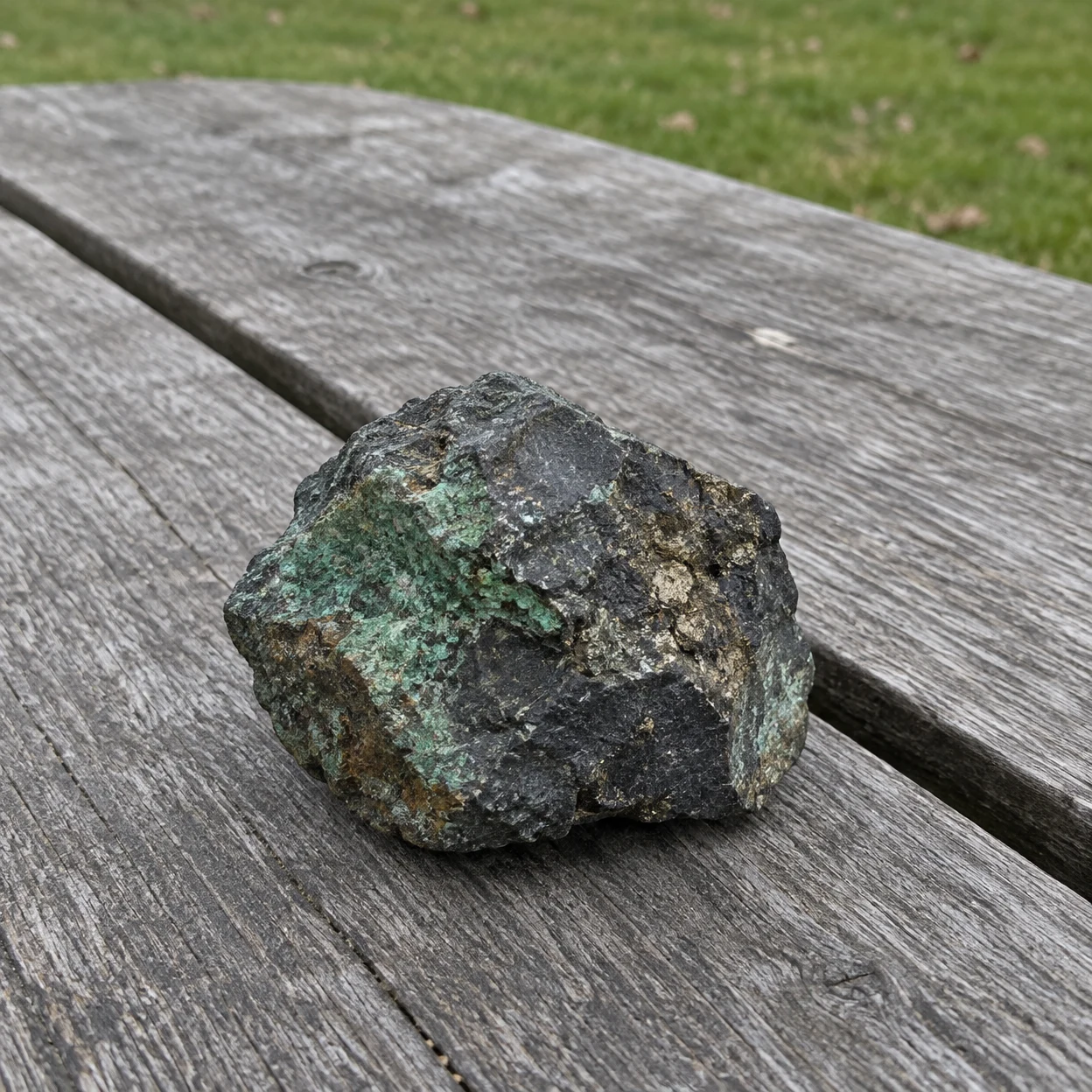 A rough dark rock with irregular green mineral patches and brassy flecks rests on a weathered grey wooden table, with a narrow strip of grass behind it.