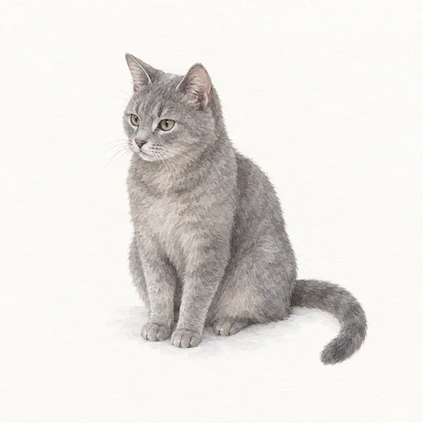 A grey cat with greenish eyes sits facing left on an off-white, textured background, its tail curving outward beside its right haunch.