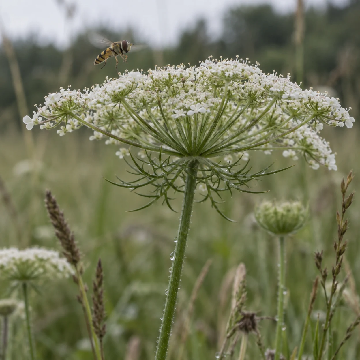 A yellow-and-black striped hoverfly hovers above a broad white wild carrot flower head, with dew on the central stem and softly blurred meadow vegetation…