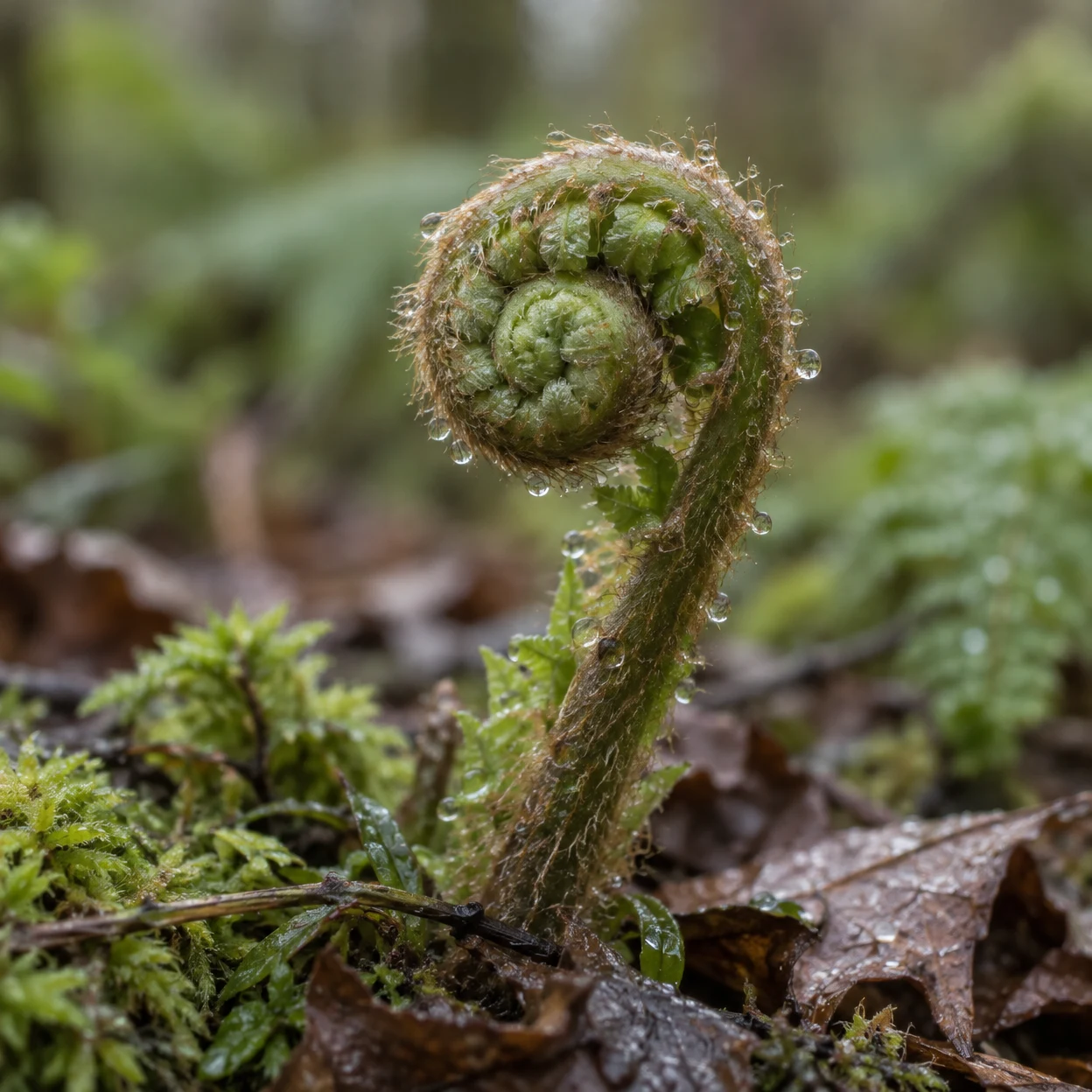 A tightly curled green fern fiddlehead covered in fine brown hairs and clear dew droplets rises from moss and wet leaf litter, with a softly blurred woodland…