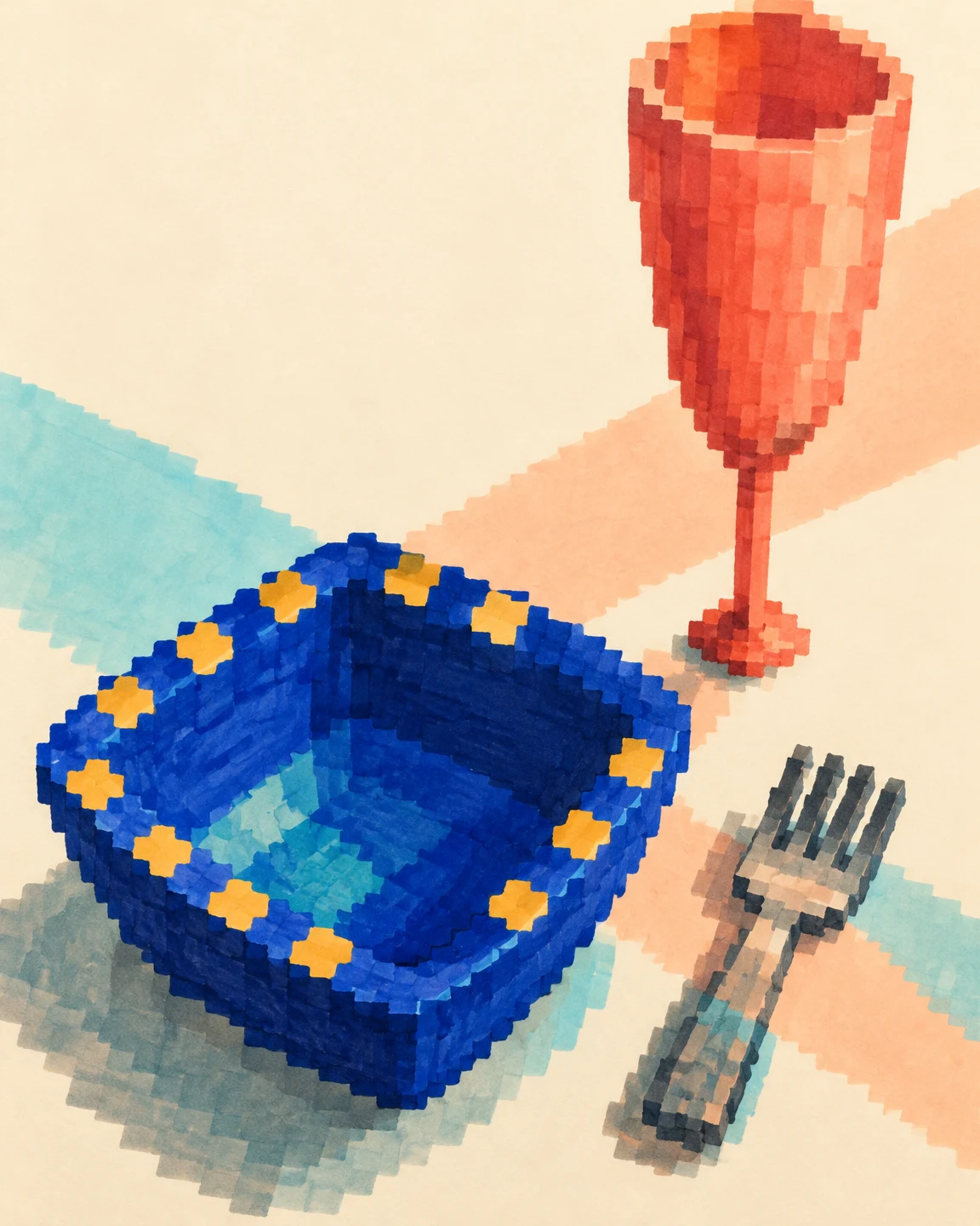 A stepped pixel-style cobalt square bowl with mustard rim squares sits on a cream tabletop beside a tall coral goblet and a dark fork.