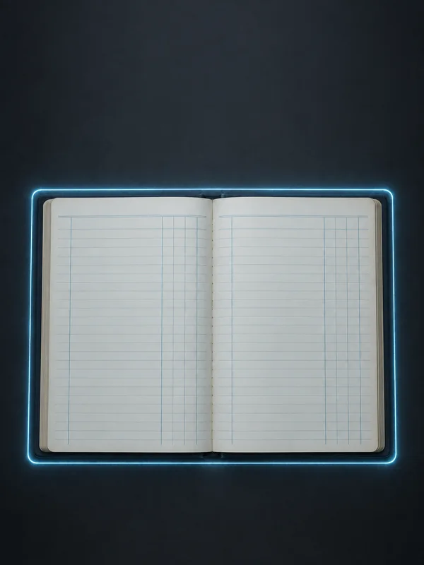 An open, blank ledger lies on a dark slate-gray surface, viewed from directly overhead.