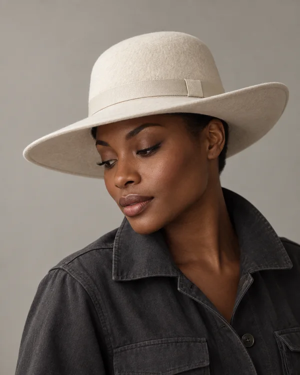 A woman with deep brown skin wears a bone-white felt hat and charcoal utility jacket in a close studio portrait, looking down against a warm-gray backdrop.
