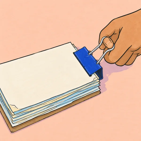 A hand entering from the right squeezes the silver handles of a cobalt-blue binder clip onto a diagonal stack of cream and pale-blue paper with a brown…
