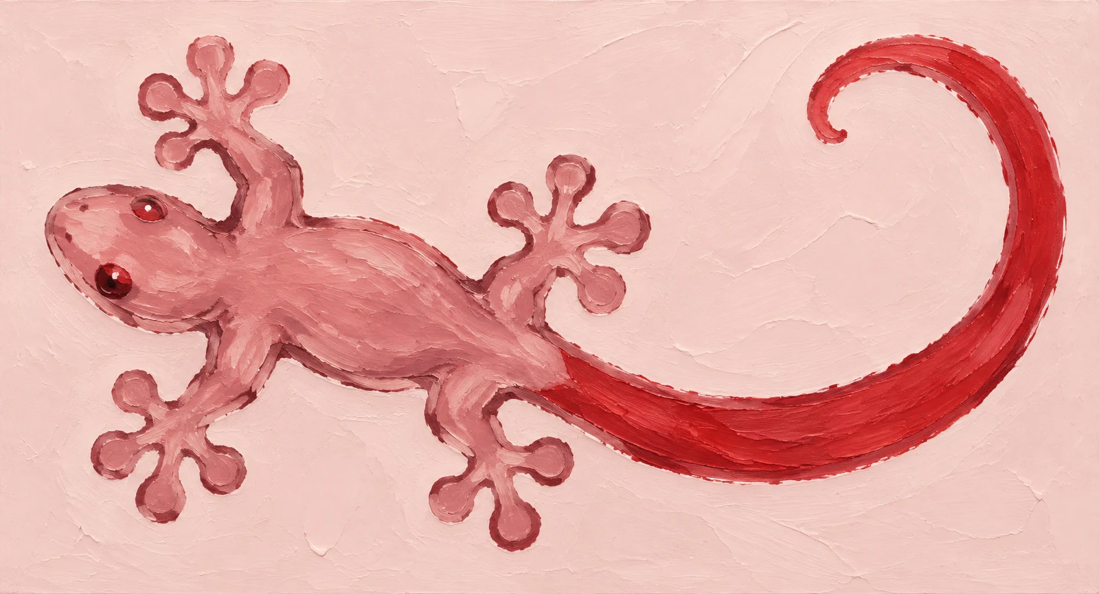 A pink gecko lies on a pale blush textured background, with oversized rounded toe pads and a long crimson tail curling in a broad arc to the right.