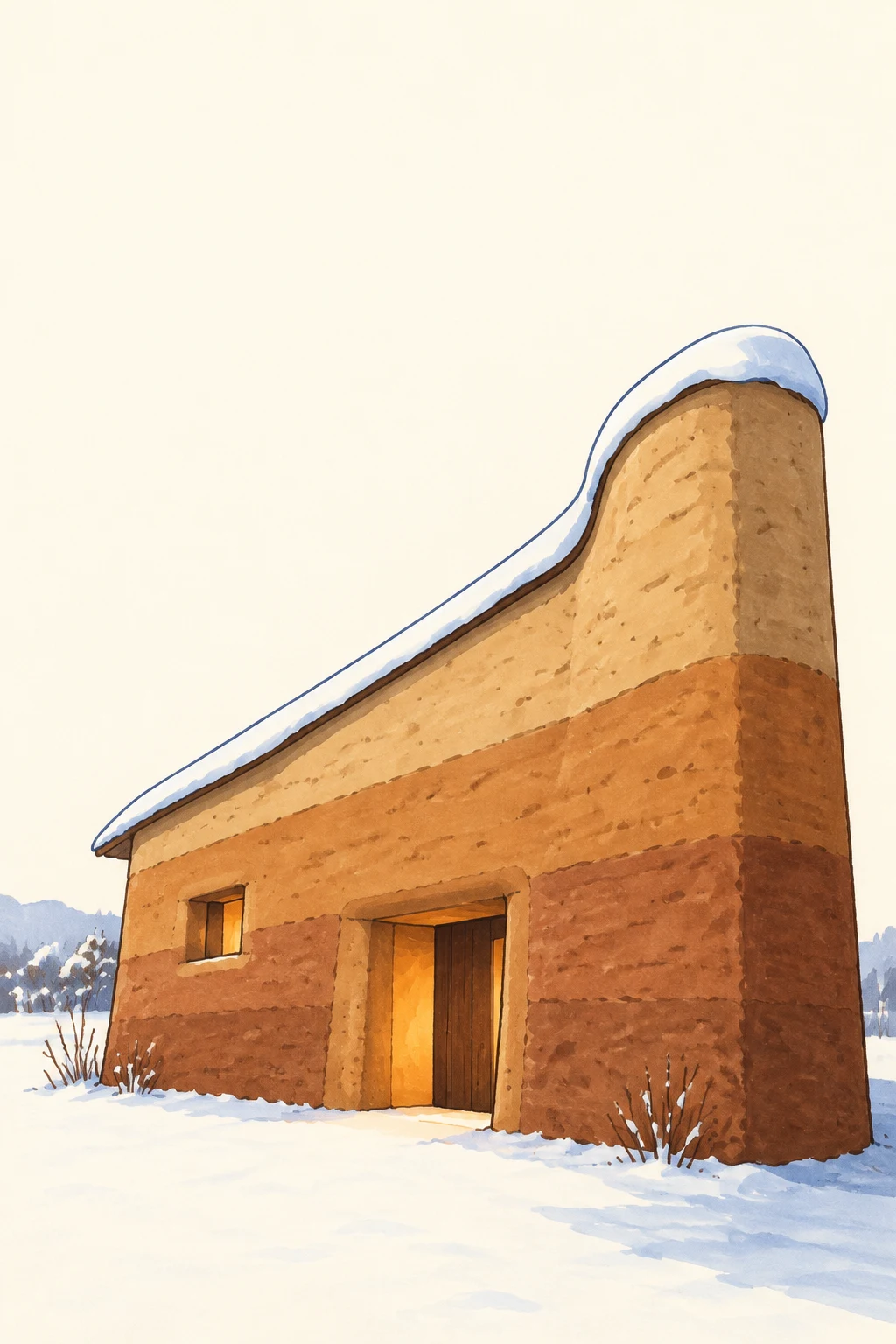 A tall, asymmetrical ochre-and-brown earth house stands in a snowy landscape, with a glowing recessed doorway, a small window, and a snow-capped sloping roof.