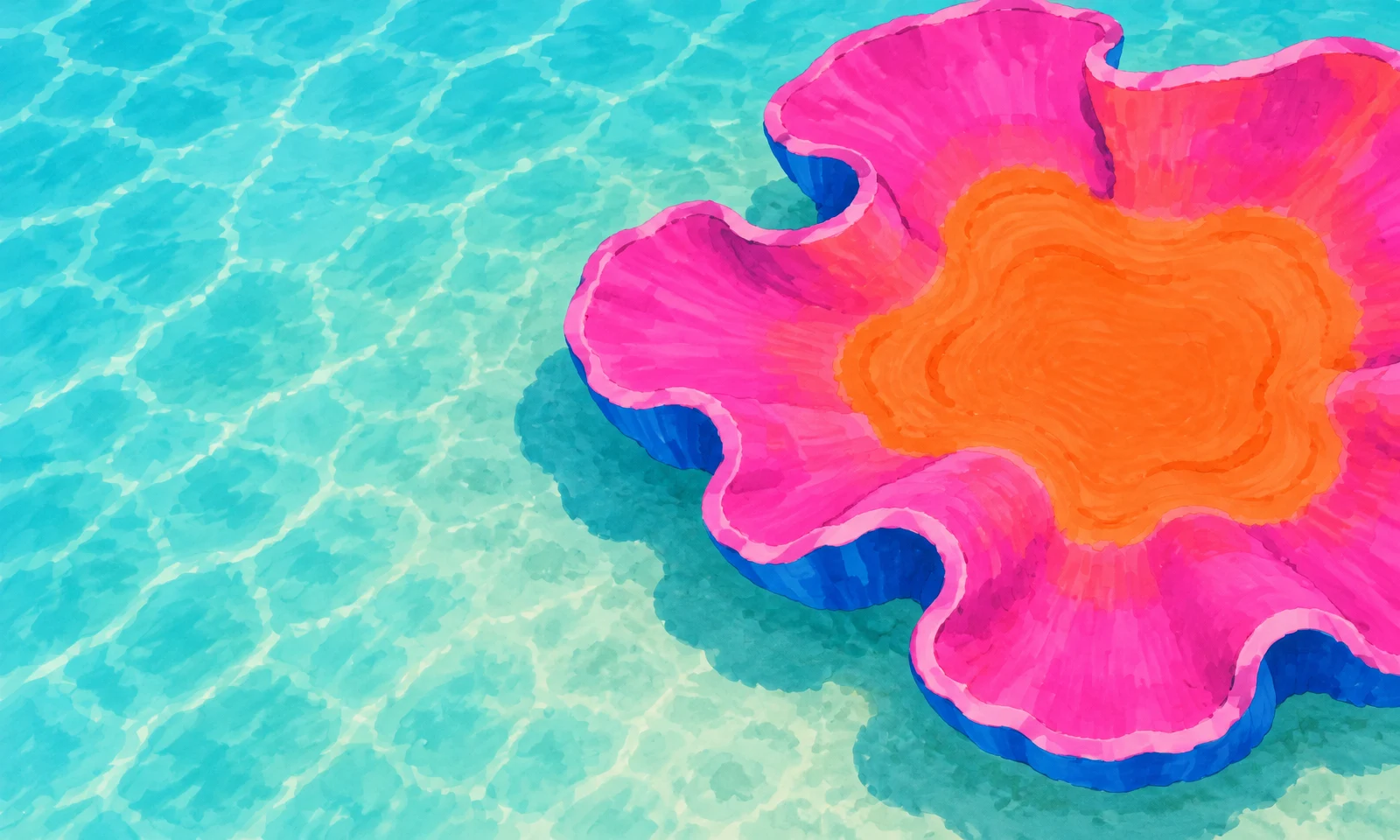 Overhead illustration of a large hot-pink ruffled coral with an orange center and blue underside, set in turquoise shallows above a pale sandy seabed.