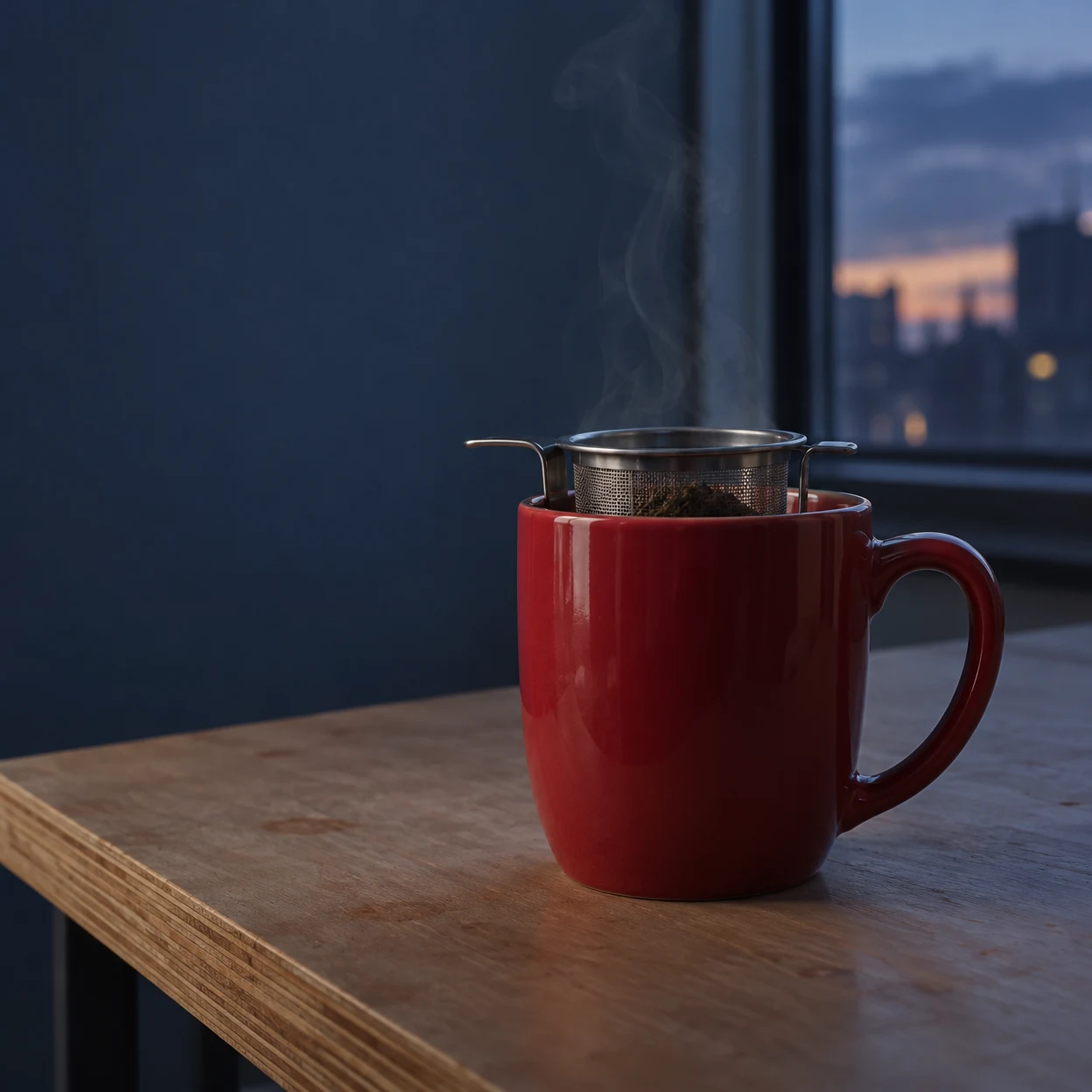 A berry-red ceramic mug with an open stainless-steel mesh tea basket sits on a plywood worktable beside a window at blue hour.