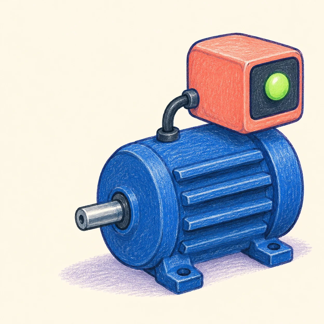 A hand-drawn blue electric motor with a silver output shaft and two mounting feet, topped by an oversized coral module with a dark face and bright green status…