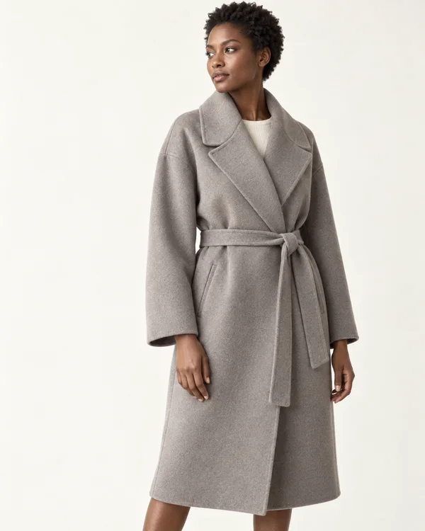 A dark-skinned woman with short natural coils wears a long mushroom-grey wool wrap coat with broad lapels and a tied belt over an ivory knit top.