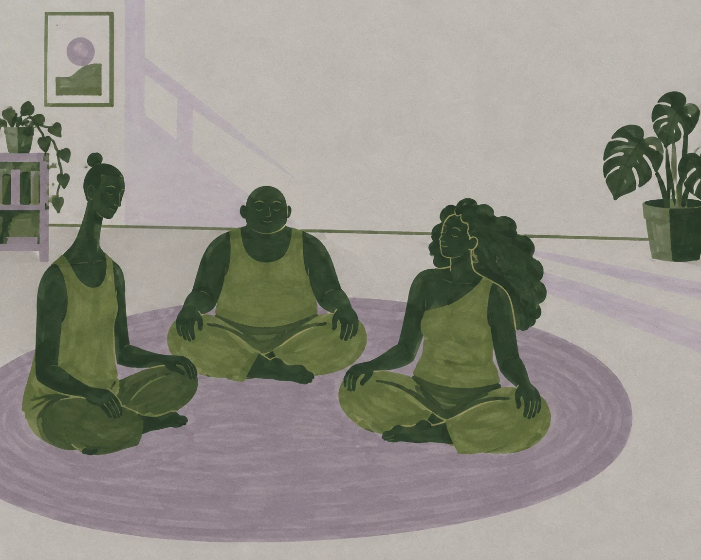 Three adults sit cross-legged in meditation on a large lavender oval rug in a living room with plants, a shelf, and framed wall art.