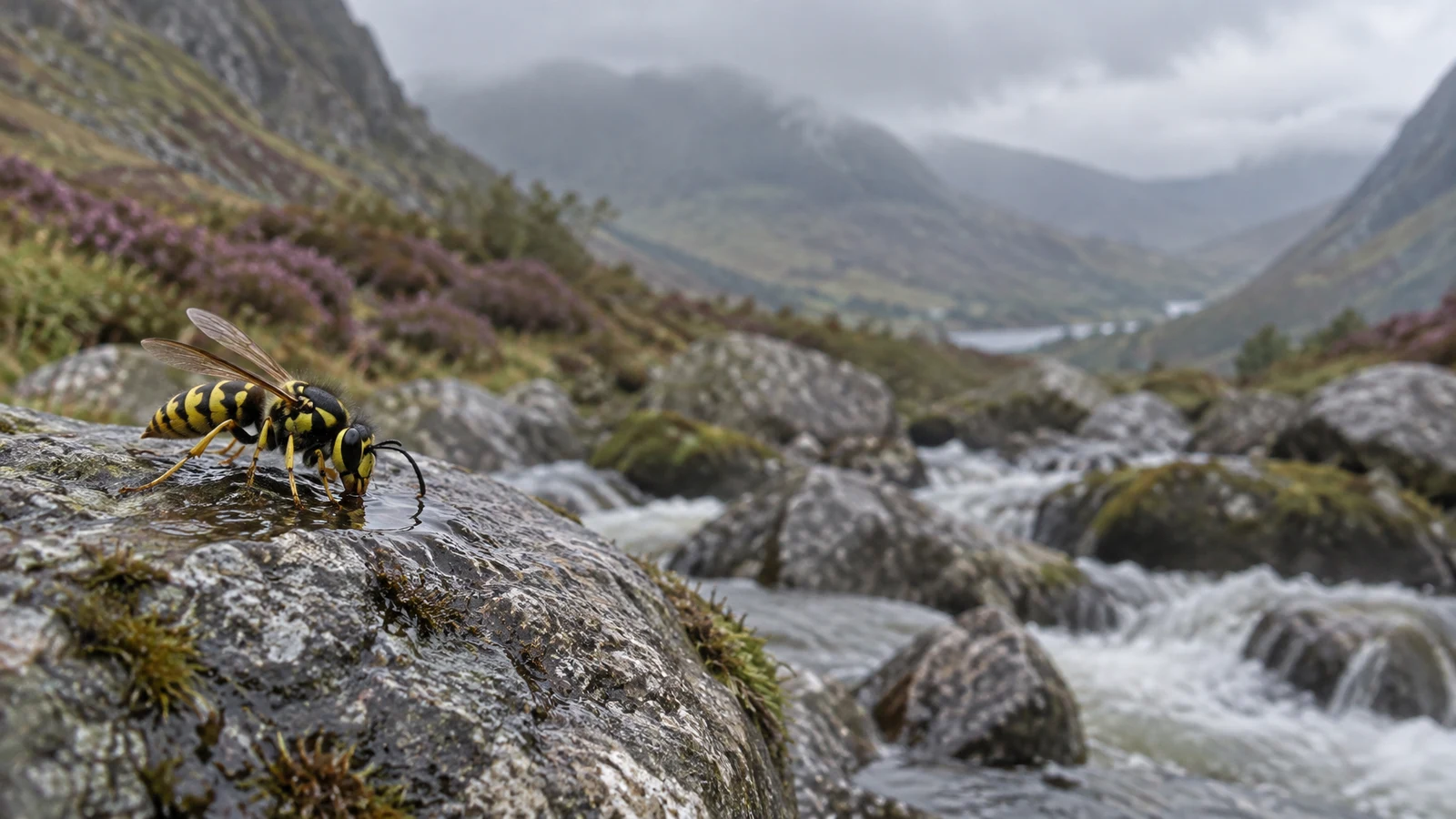 A yellow-and-black wasp drinks from a wet patch on a moss-flecked boulder beside a rushing stream, with a misty mountain valley and heather-covered slopes…