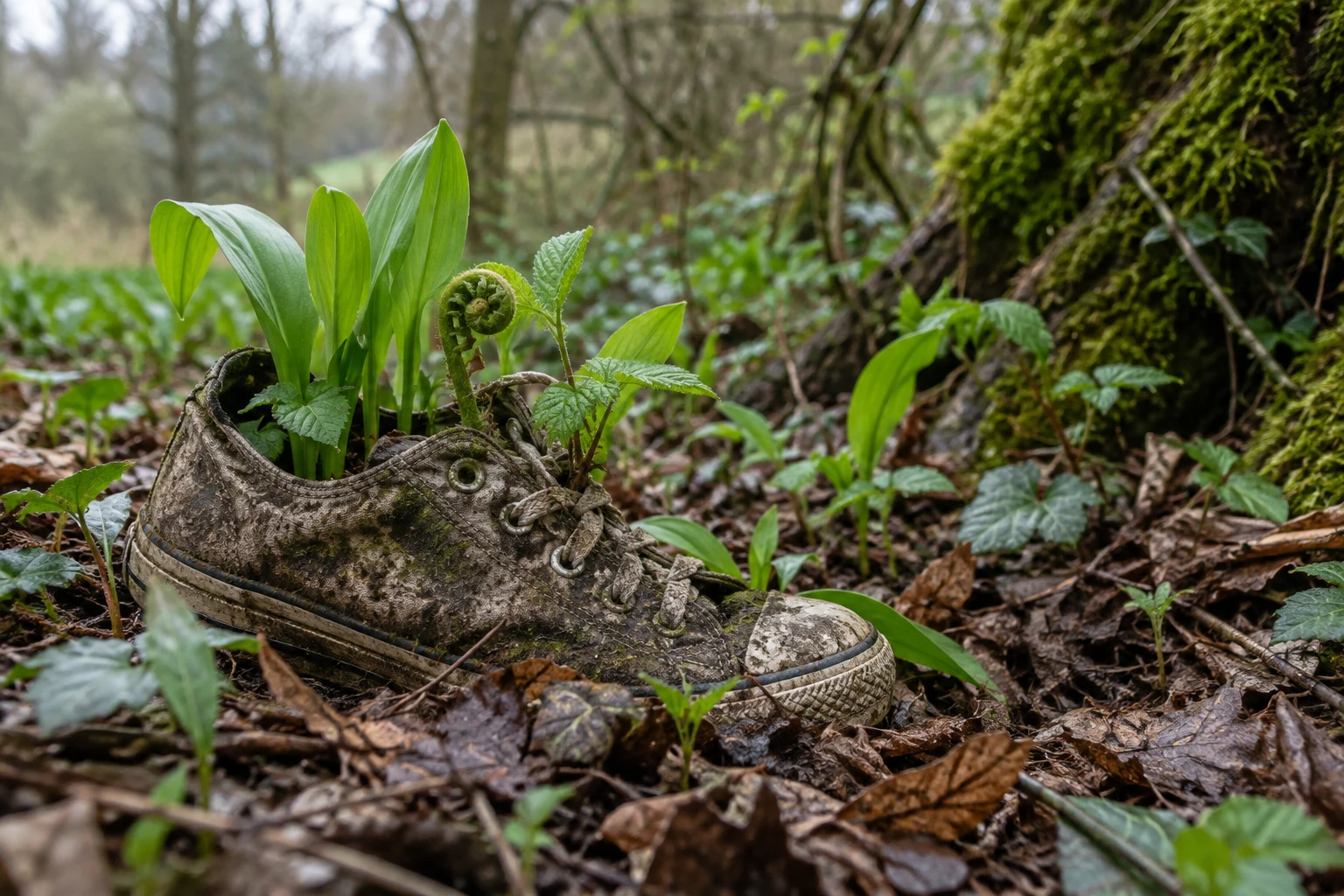 A mud-stained canvas sneaker lies among brown woodland leaves, with fresh green plants and a curled fern growing through its opening.