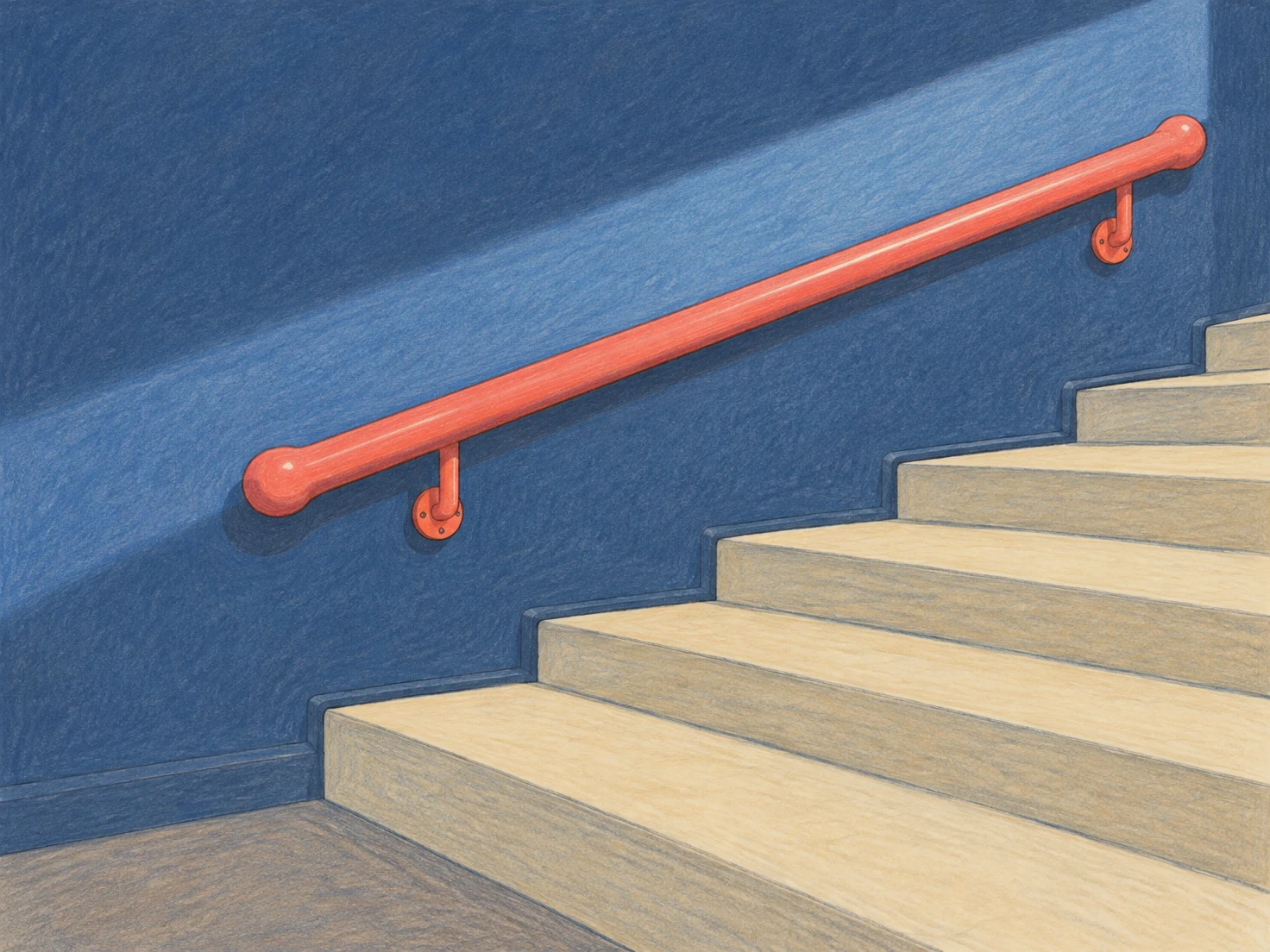 A coral handrail with two brackets runs diagonally above broad cream stairs against a blue wall, with a pale blue streak crossing the scene and a small section…