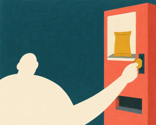 A cream-colored shopper silhouette reaches toward a coral vending machine, holding a mustard coin at its dark slot.