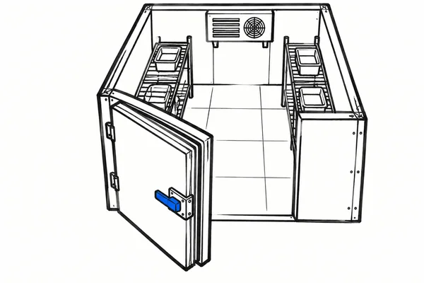 A black-marker cutaway illustration of a walk-in cold room, with two storage racks and small trays flanking a tiled aisle.