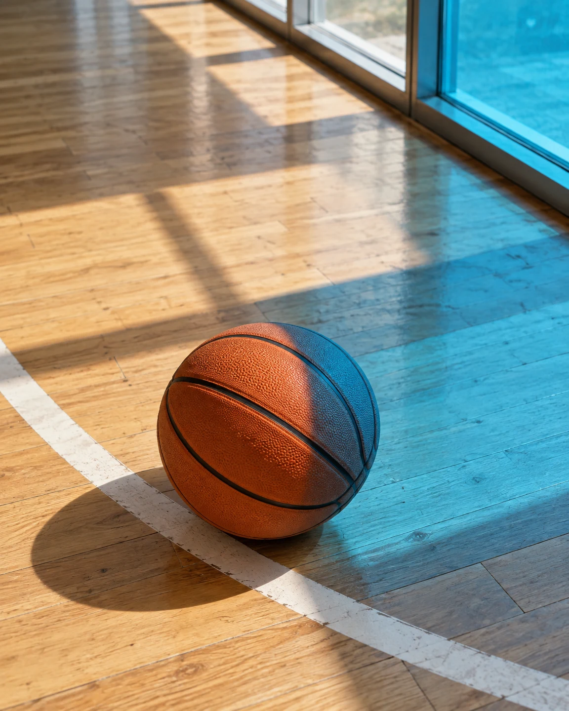An orange basketball rests on a wooden indoor court, with a curved white line beneath it and cyan daylight coloring the ball and floor near tall windows.