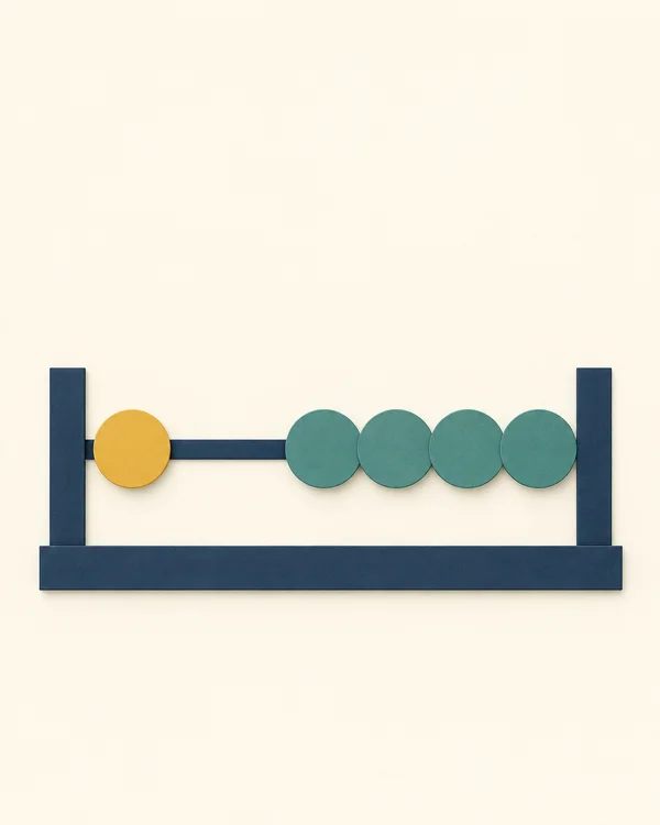 A straight-on paper-cut counting frame with dark navy uprights and base, one horizontal rail, a separated ochre-yellow bead on the left, and four touching…