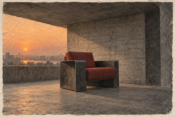 A dark steel-framed armchair with deep red cushions sits on a concrete floor beneath a heavy roof slab, beside a broad opening with a hazy orange sunset and…