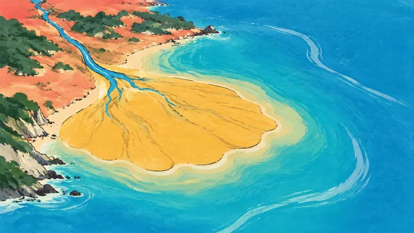 An elevated view of a blue stream crossing a coral-colored coast and branching across a broad ochre sand fan into turquoise water, edged by pale shallow-water…