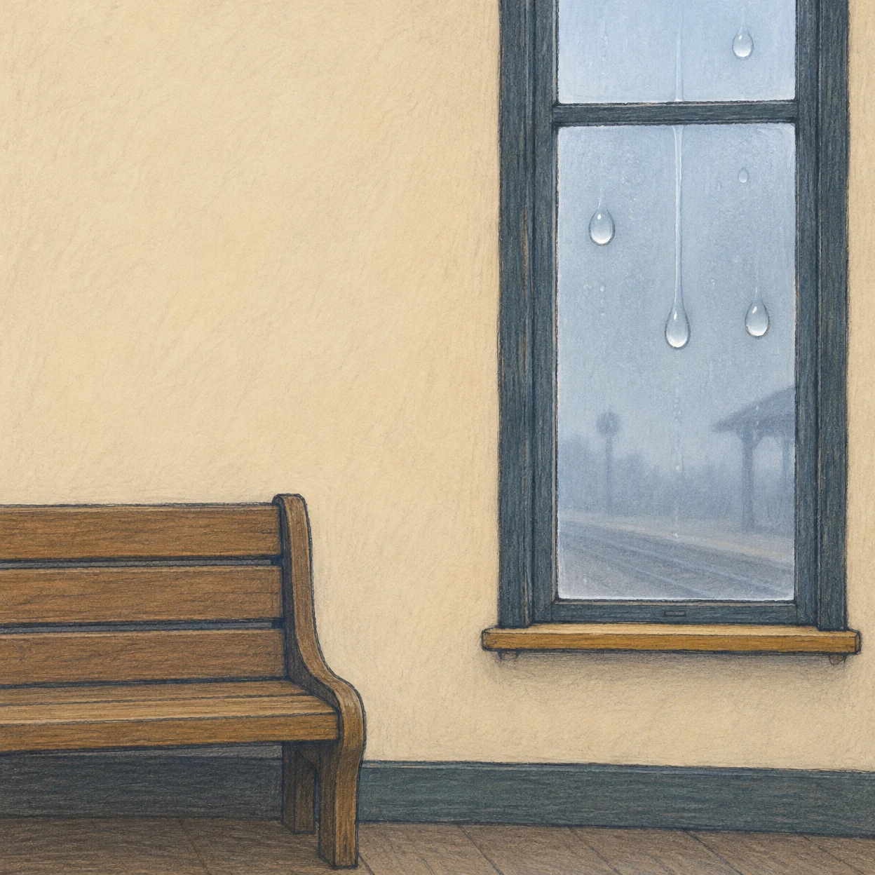 A hand-drawn illustration of a tall dark timber window in a cream-walled railway waiting room, with fogged blue-grey panes, condensation droplets and a wooden…