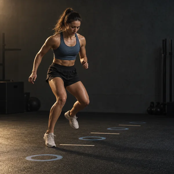 A woman in athletic clothing steps through a drill over blue circular and pale bar-shaped floor markers in a dim training studio.