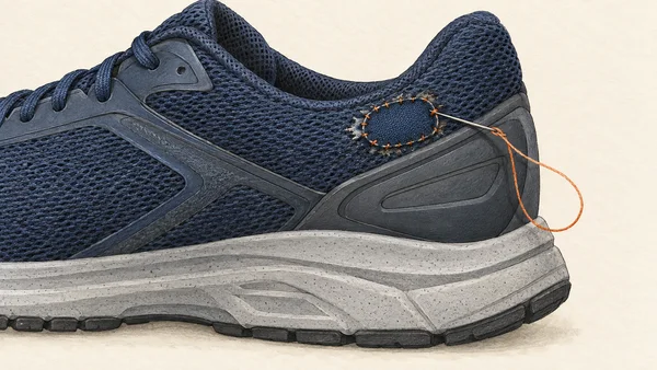 An illustrated close-up of a navy mesh running shoe, cropped at the forefoot on the left, with a navy oval patch and orange stitching on the lateral heel; a…