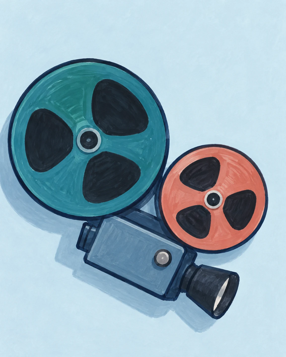 A textured marker-style illustration of a vintage movie camera viewed from above, with a large teal reel and a smaller coral reel above a blue-grey body and…