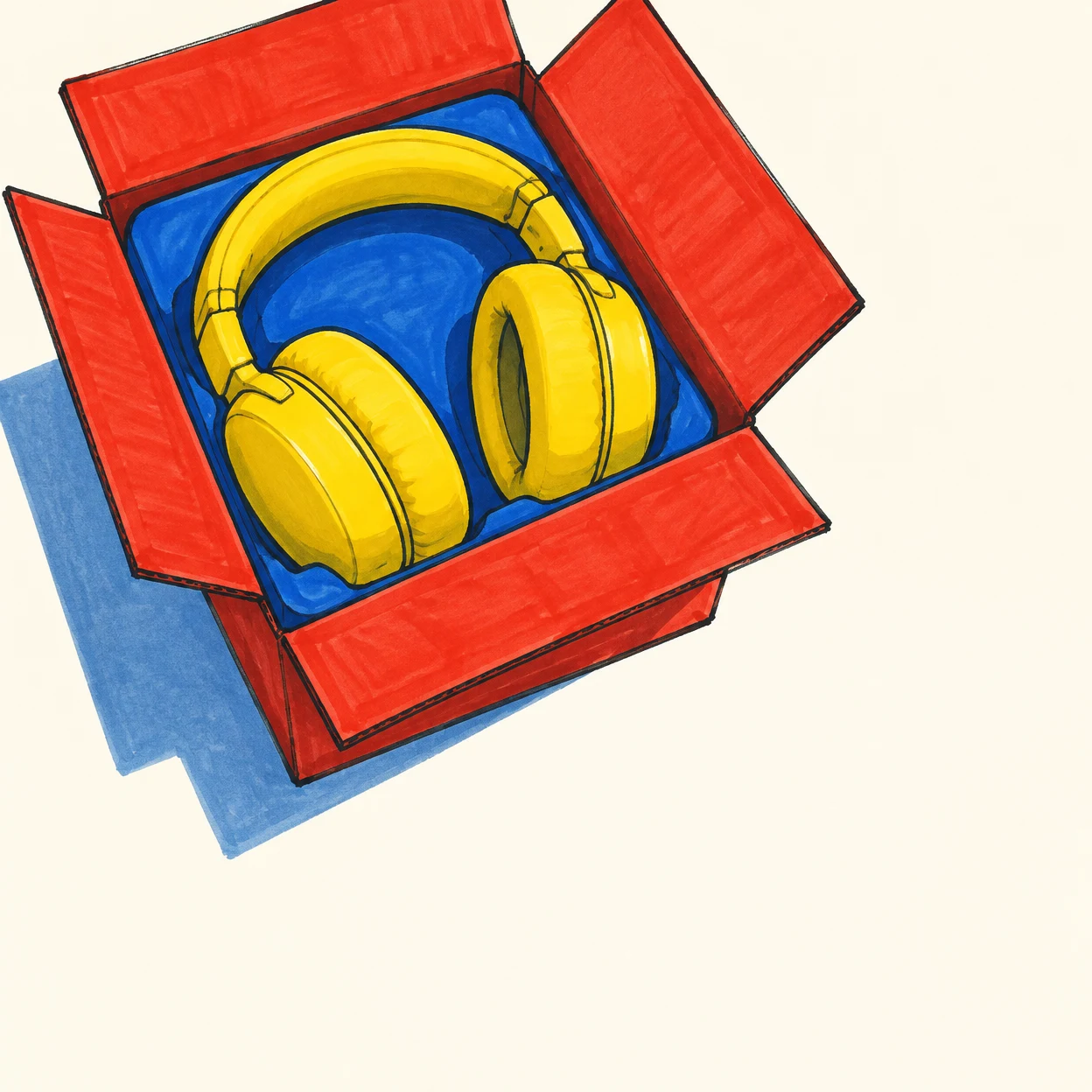 An open red shipping carton with four spread flaps holds oversized yellow over-ear headphones in a cobalt-blue insert, drawn in bold marker-like strokes on a…