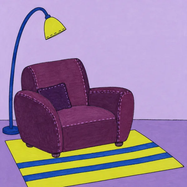 A large plum-purple armchair with stitched panel details sits on a bright citron rug with cobalt stripes.