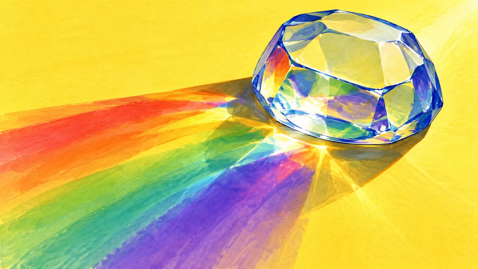 A broad, squat faceted glass paperweight sits right of centre on a lemon-yellow tabletop, casting a broad fan of red, orange, green, blue and violet light…