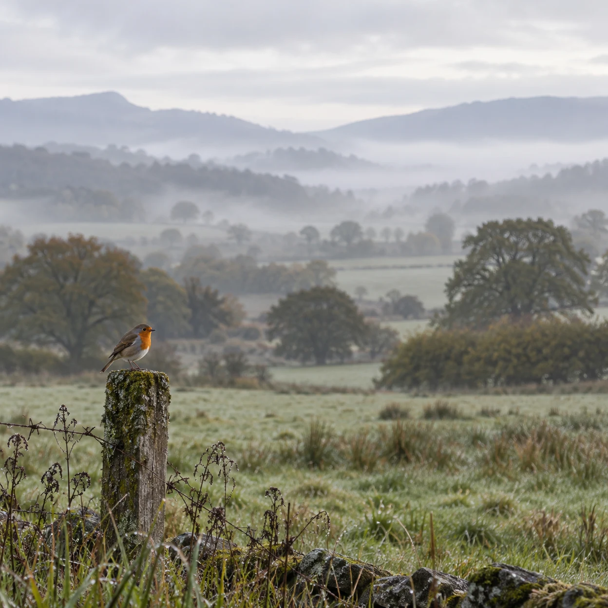 A small European robin with an orange-red breast perches on a moss-covered wooden fence post in a broad grassy meadow, with layered trees, hedgerows and…