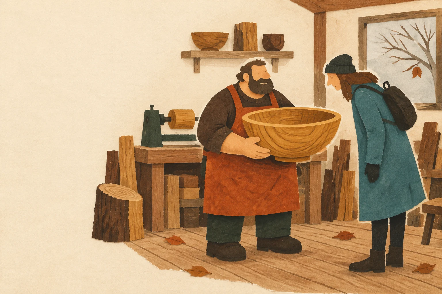 A bearded craftsperson in a rust apron presents a large ochre wooden bowl to a visitor in a long teal coat, knit cap and backpack inside a wood workshop.
