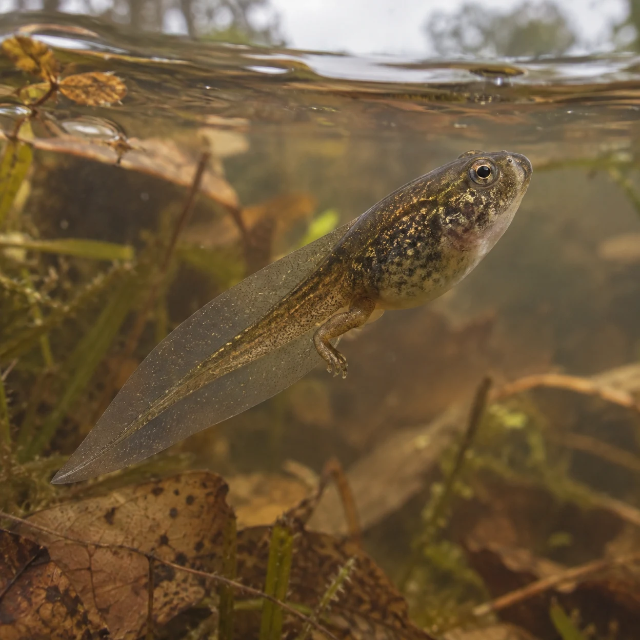 A speckled brown tadpole hangs beneath the water surface in a woodland pond, with a long translucent tail and one visible hind leg ending in toes.