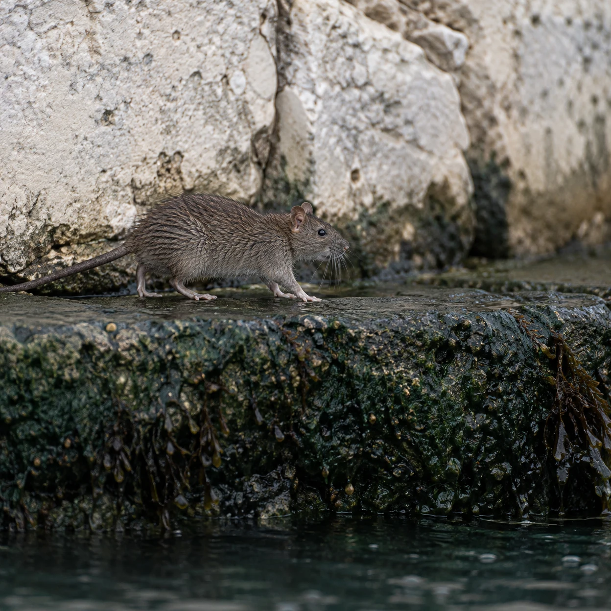 A brown rat walks to the right along a wet, algae-covered stone ledge beneath a pale, rough limestone wall, with dark water in the foreground.