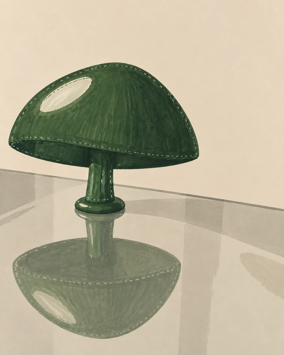 A large forest-green mushroom-shaped table lamp with a cream oval highlight stands on a pale reflective tabletop, with its inverted reflection extending below…