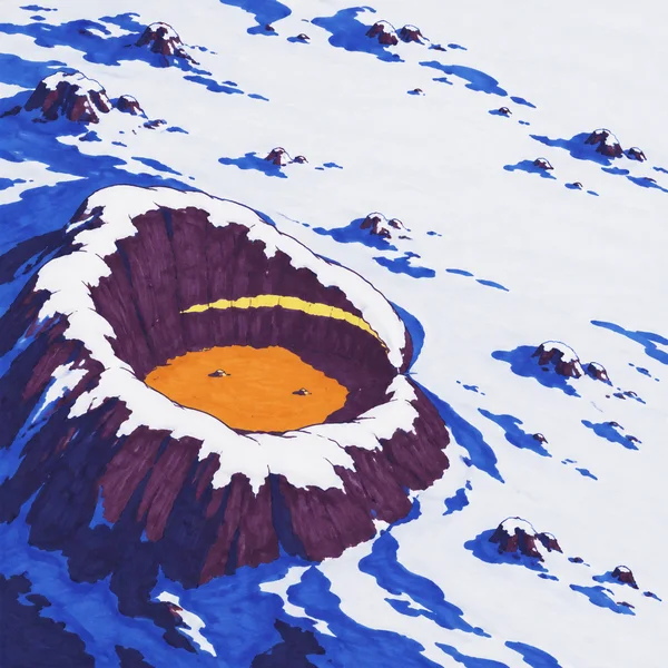 A large snow-capped plum-purple caldera with an orange basin and yellow inner rim sits amid cobalt-blue shadowed snow and scattered rocky outcrops.