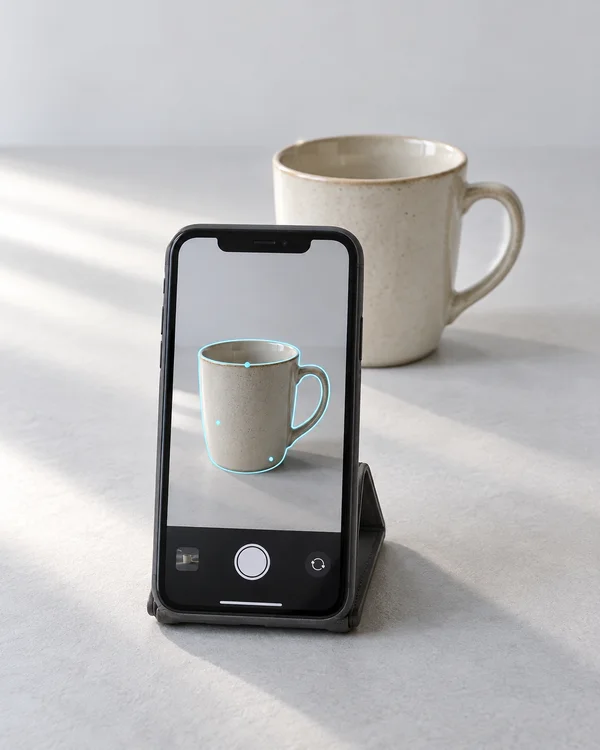 A black smartphone stands upright in a folded case on a pale tabletop, with a speckled cream ceramic cup behind it.