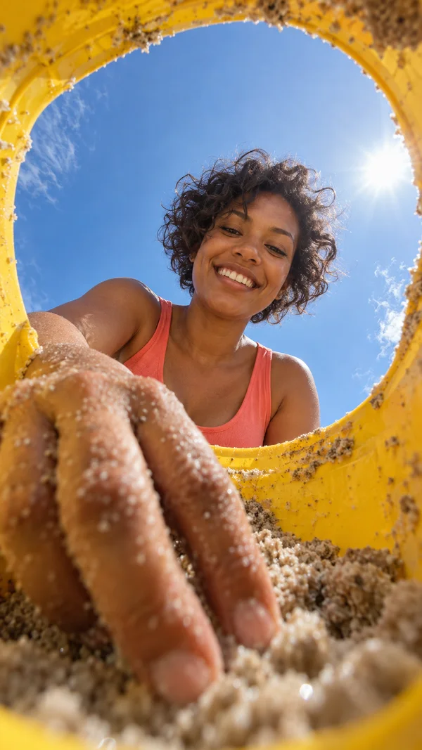 A smiling woman in a coral tank top leans over a sand-scuffed yellow bucket toward the camera, with a large sand-covered hand in the foreground and bright blue…