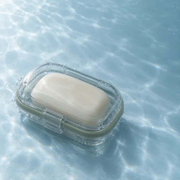 A rounded ivory soap bar sits inside a clear rigid travel case with a muted sage gasket, resting diagonally on a pale blue underwater surface.
