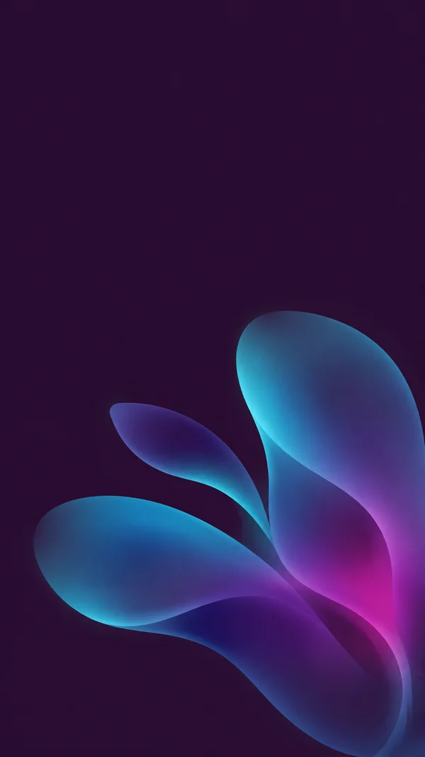 A vertical abstract composition on a deep aubergine background, with four overlapping cyan and blue tapered forms sweeping around a vivid magenta-violet area…
