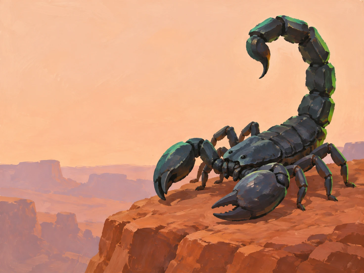A large charcoal-blue scorpion stands on an orange rock ledge, facing left with oversized pincers and a tall curled tail against a peach sky and distant canyon…
