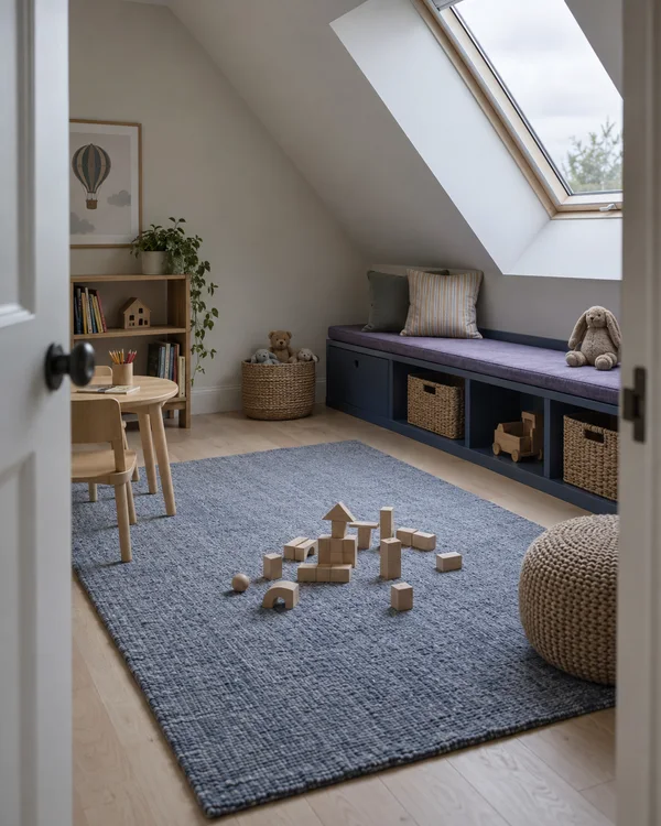 A compact attic playroom viewed through an open doorway, with a blue-gray rug and birch blocks on the pale timber floor.