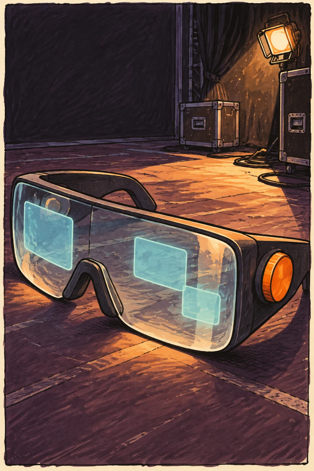 Oversized black augmented-reality glasses with a broad transparent visor and orange side control rest diagonally on a plum-colored floor.