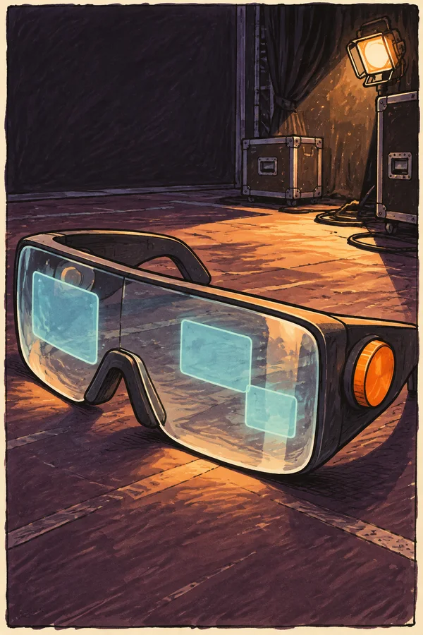 Oversized black augmented-reality glasses with a broad transparent visor and orange side control rest diagonally on a plum-colored floor.